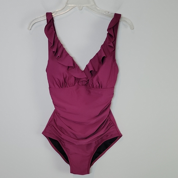 DKNY Ruffle Plunge Ruffle burgundy red One Piece Swimsuit - Picture 2 of 12